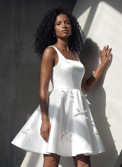A-Line Square Neckline Sleeveless Short/Mini Twill Satin Wedding Dresses With Bows