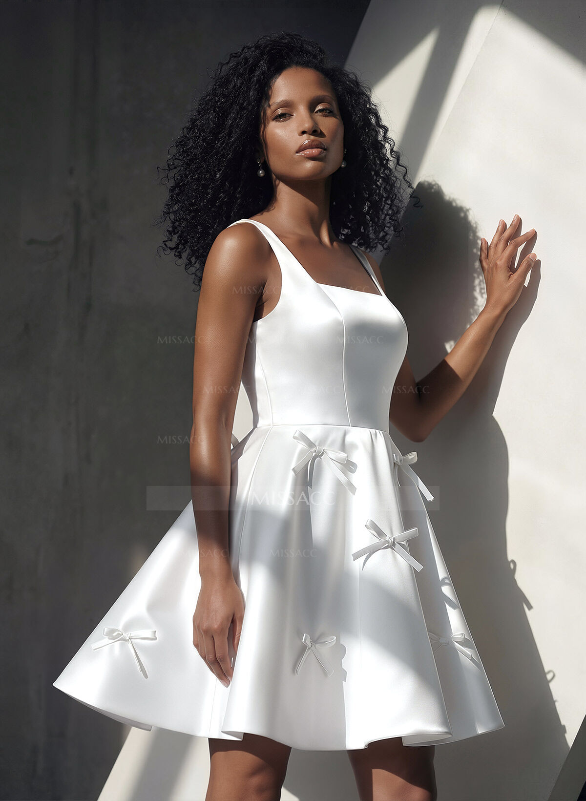 A-Line Square Neckline Sleeveless Short/Mini Twill Satin Wedding Dresses With Bows