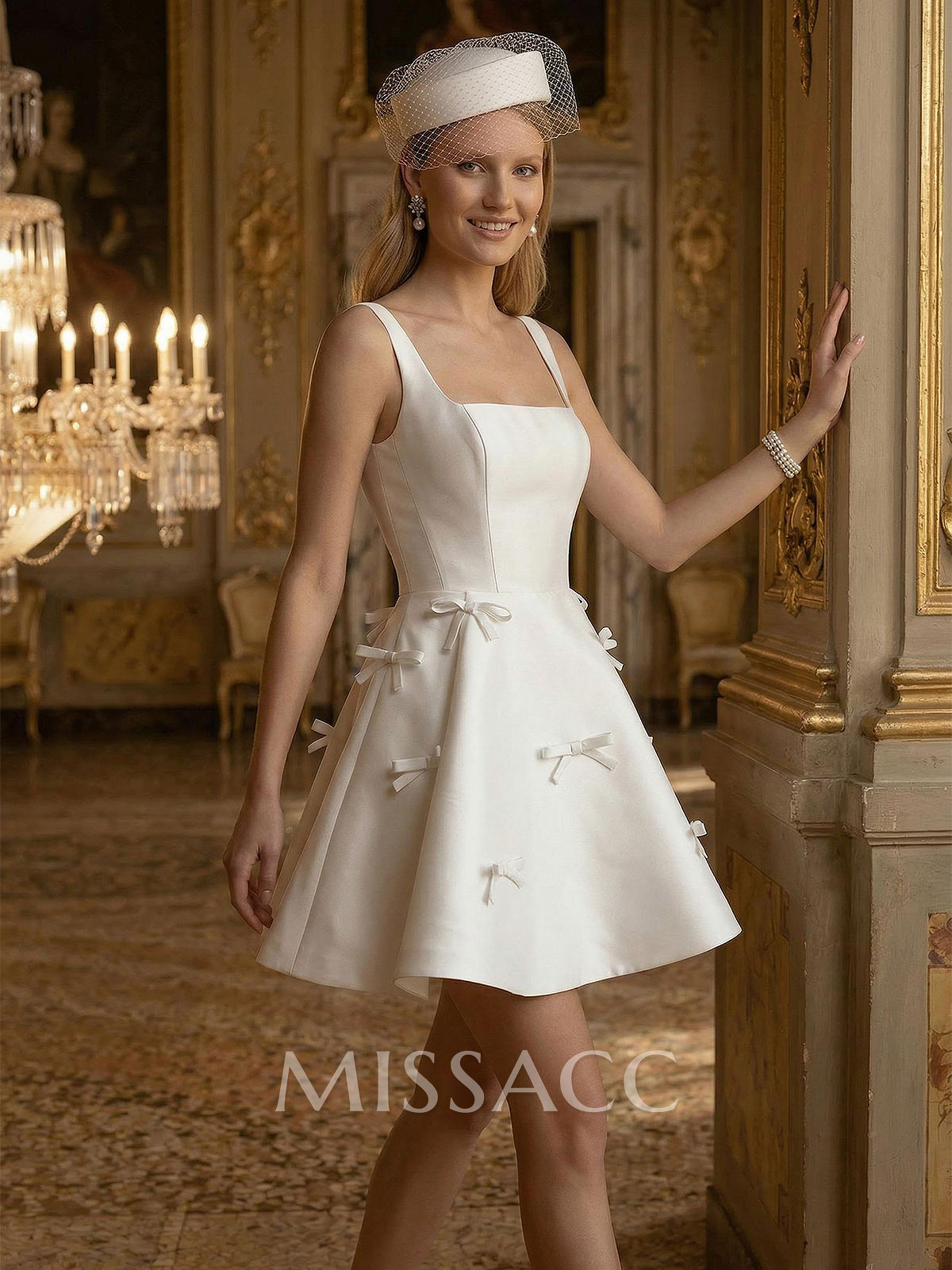 A-Line Square Neckline Sleeveless Short/Mini Twill Satin Wedding Dresses With Bows A-Line Square Neckline Sleeveless Short/Mini Twill Satin Wedding Dresses With Bows