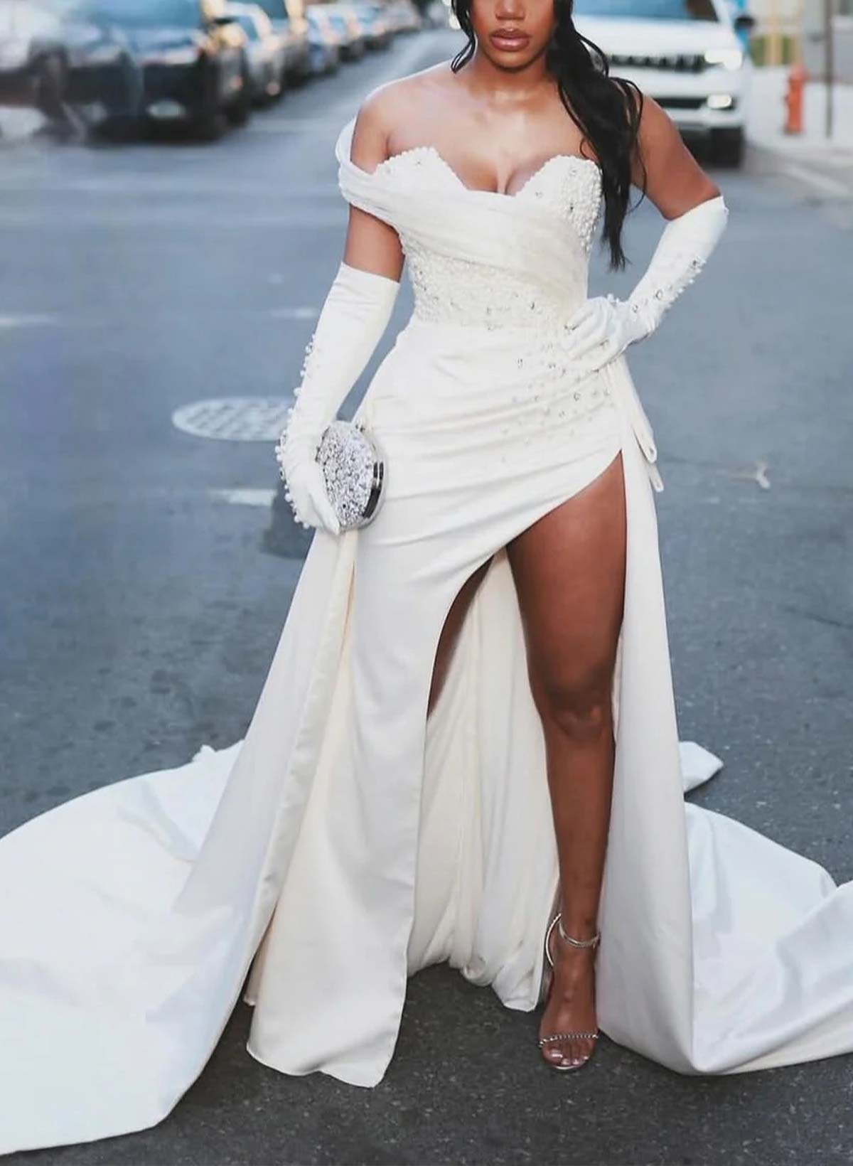 Sheath/Column Strapless Court Train Satin Wedding Dresses With Beading/Rhinestone/High Split