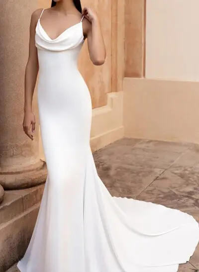 Trumpet/Mermaid Cowl Neck Sleeveless Court Train Elastic Satin Wedding Dresses