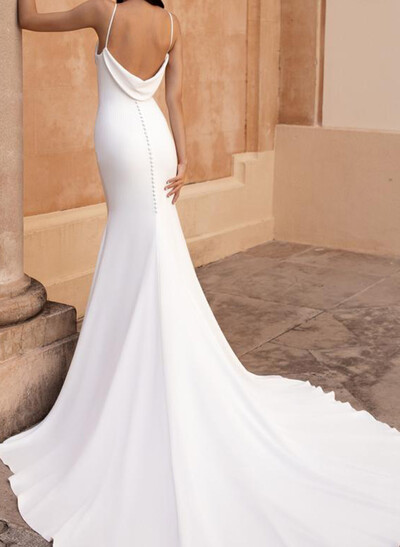 Trumpet/Mermaid V-Neck Sleeveless Court Train Elastic Satin Wedding Dresses With Beading