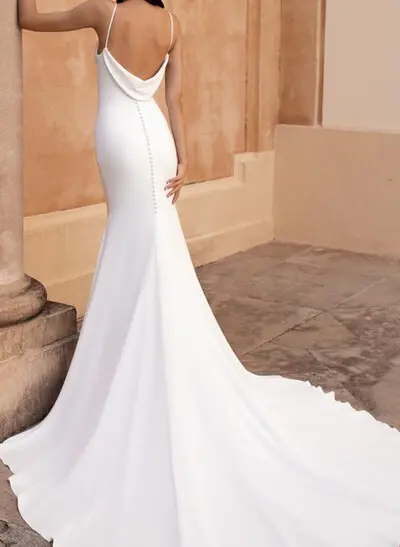 Trumpet/Mermaid Cowl Neck Sleeveless Court Train Elastic Satin Wedding Dresses