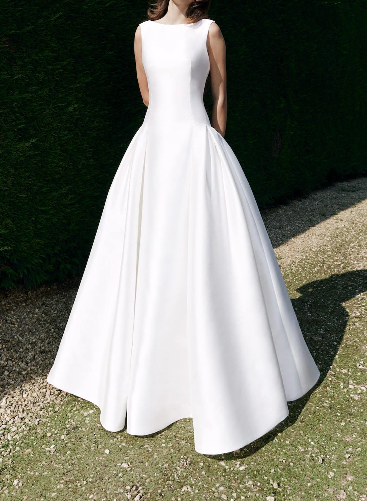 A-Line Illusion Neck Sleeveless Court Train Satin Wedding Dresses With Bows