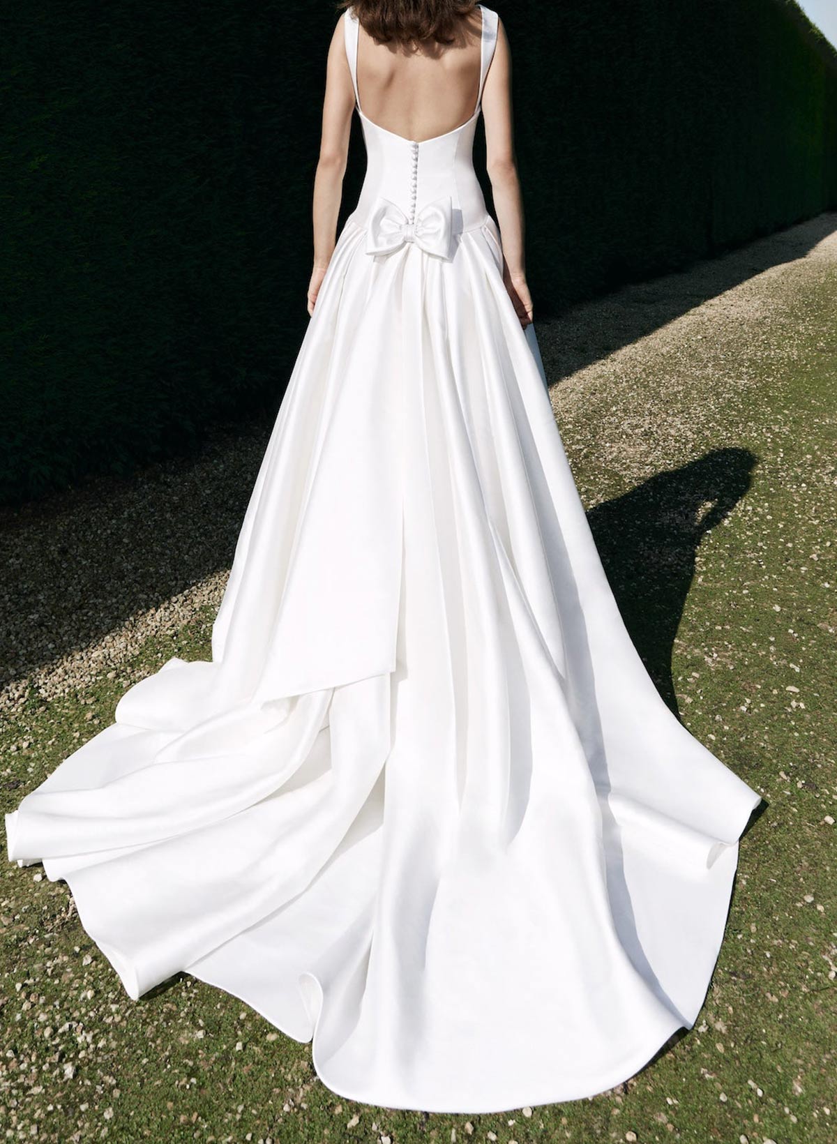 A-Line Illusion Neck Sleeveless Court Train Satin Wedding Dresses With Bows