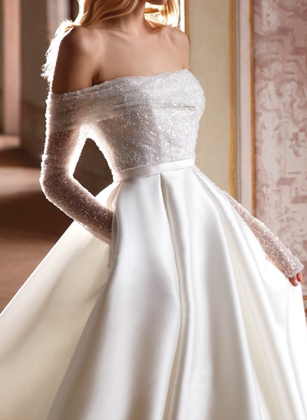 Ball-Gown Off-The-Shoulder Sweep Train Twill Satin Wedding Dresses With Beading