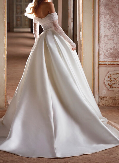 Ball-Gown Off-The-Shoulder Sweep Train Twill Satin Wedding Dresses With Beading