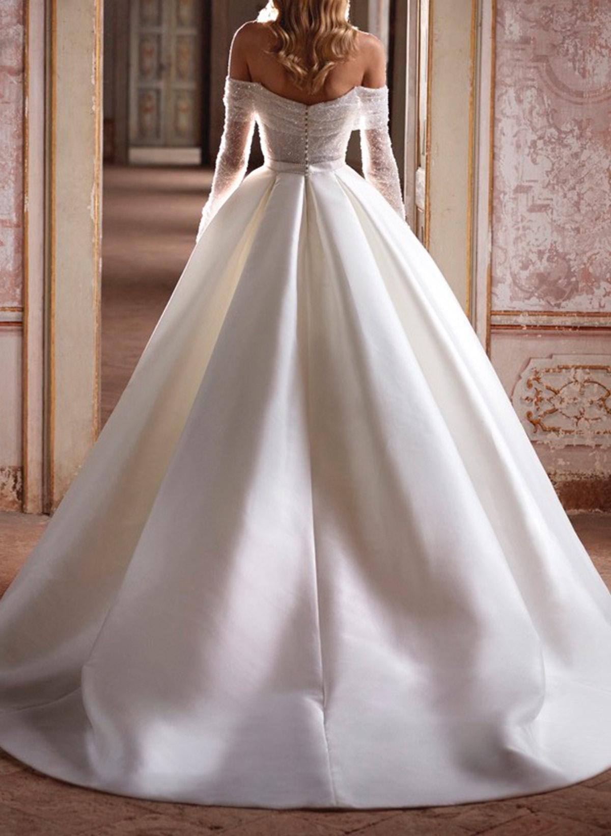 Ball-Gown Off-The-Shoulder Sweep Train Twill Satin Wedding Dresses With Beading