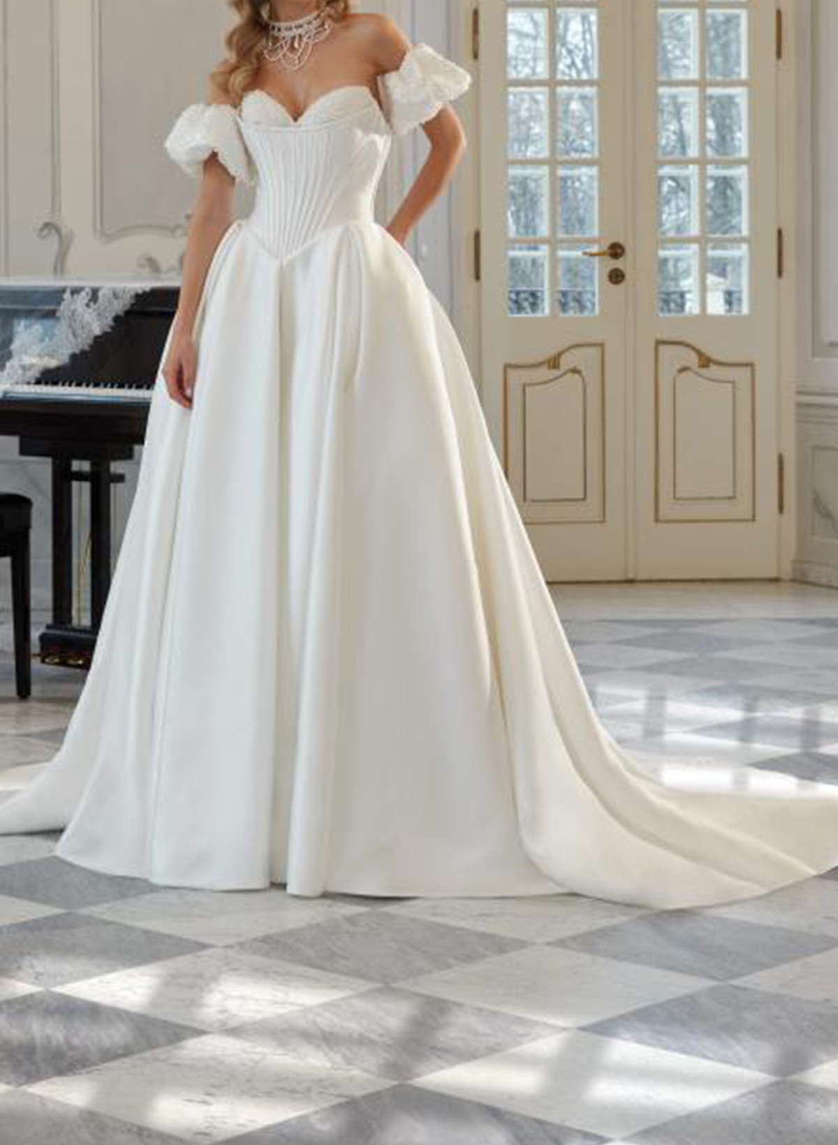 Ball-Gown Sweetheart Detachable Sleeves Sweep Train Satin Wedding Dresses With Beading