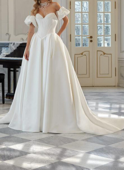 Ball-Gown Sweetheart Detachable Sleeves Sweep Train Satin Wedding Dresses With Beading