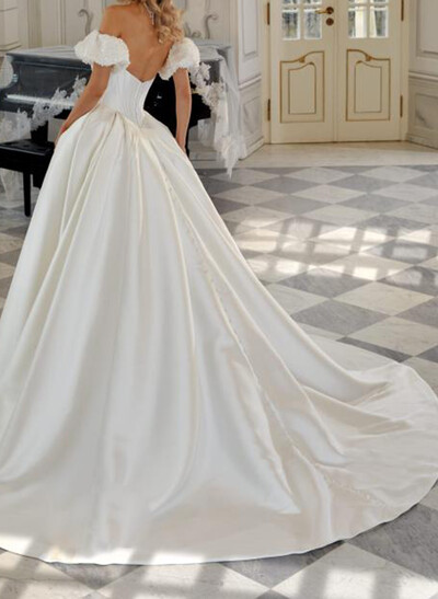 Ball-Gown Sweetheart Detachable Sleeves Sweep Train Satin Wedding Dresses With Beading