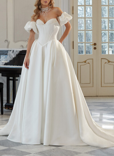 Ball-Gown Sweetheart Detachable Sleeves Sweep Train Satin Wedding Dresses With Beading