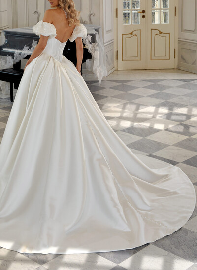Ball-Gown Sweetheart Detachable Sleeves Sweep Train Satin Wedding Dresses With Beading