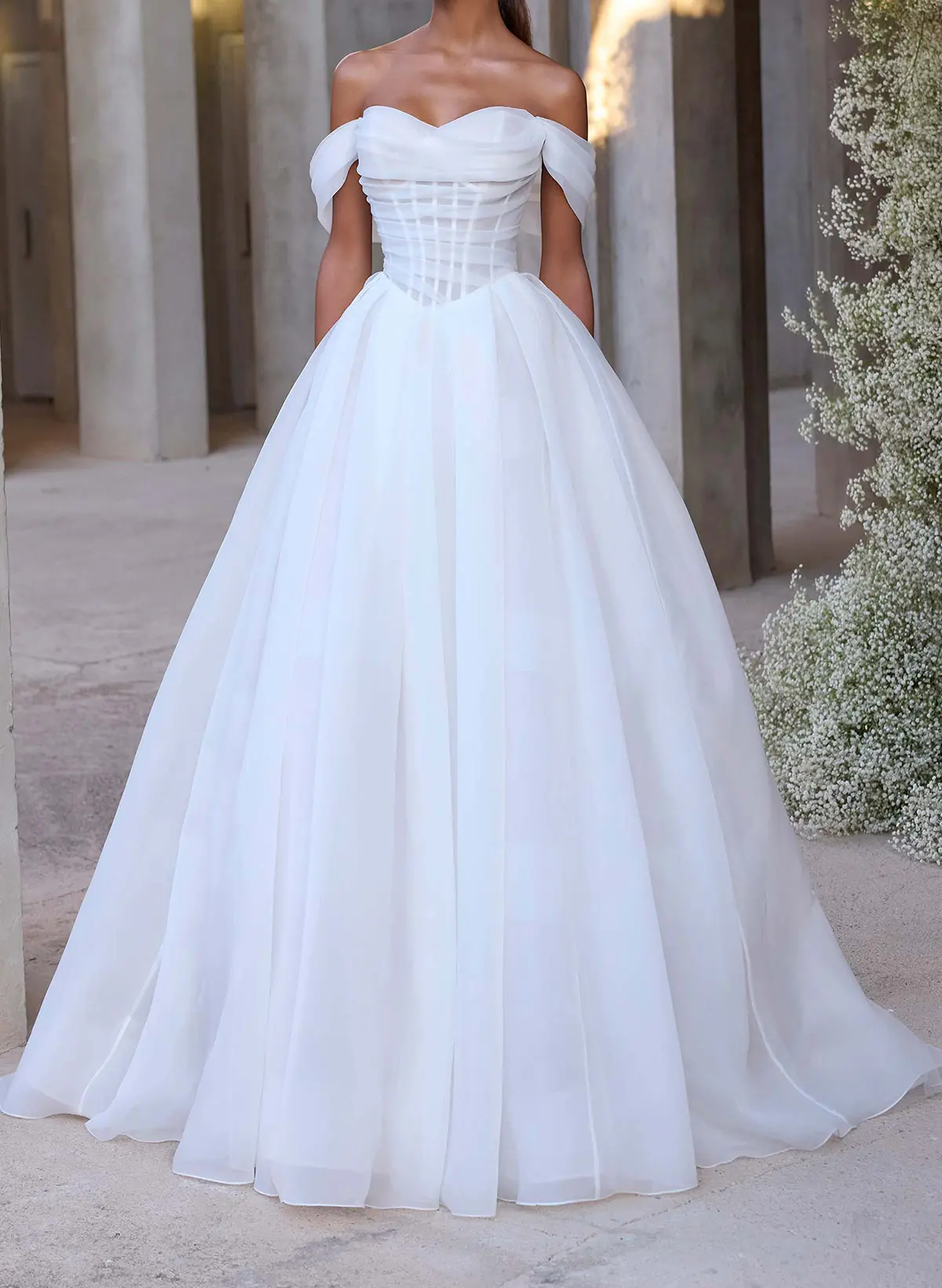 pleated tulle ball gown wedding dress Ivory A-Line Wedding Dress with Pleated Skirt Layered Tulle Ruffle Dress with Lace Corset Plus Size RAFFAELLA Size 8