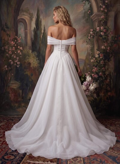 Ball-Gown Off-The-Shoulder Sleeveless Court Train Satin/Tulle Wedding Dresses With Pleated