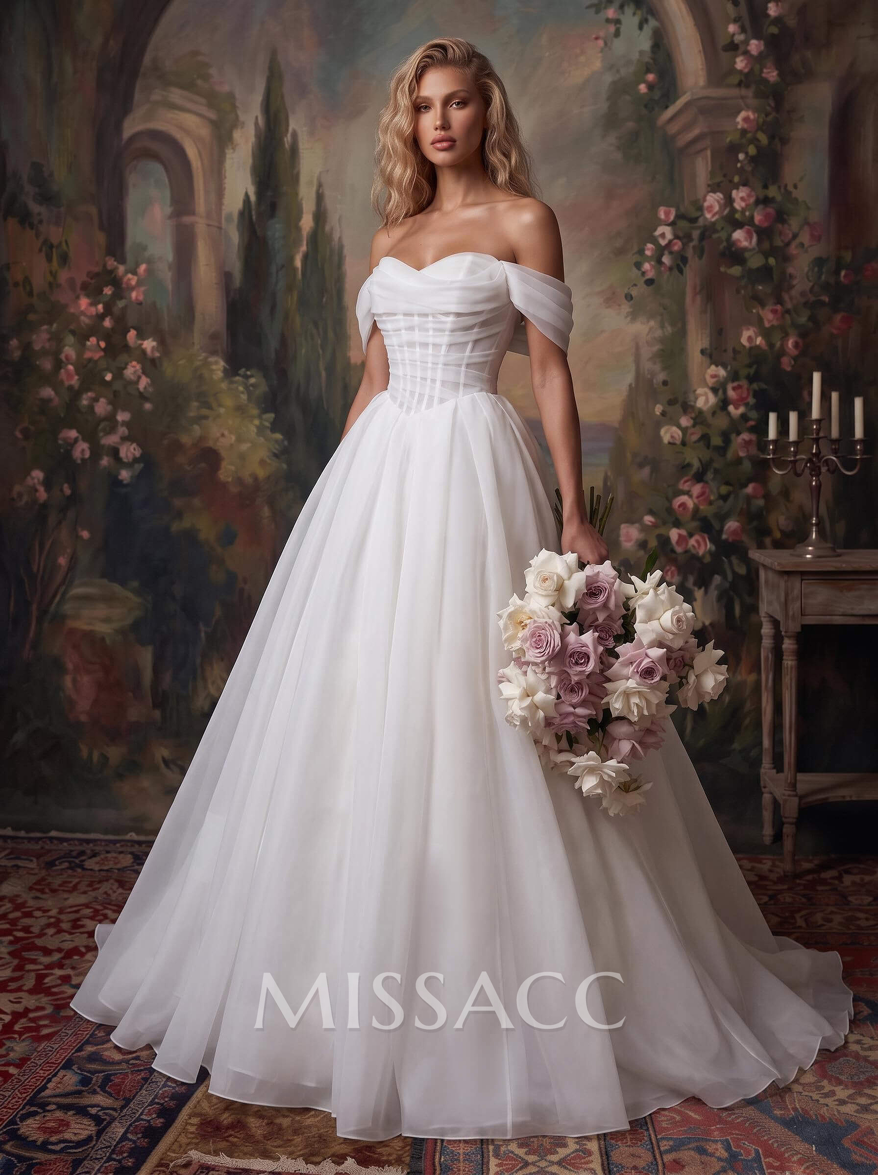Ball-Gown Off-The-Shoulder Sleeveless Court Train Satin/Tulle Wedding Dresses With Pleated