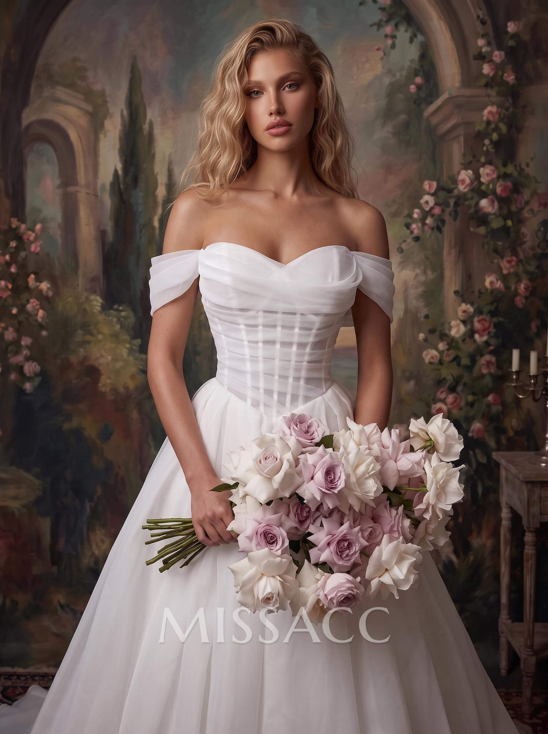 Ball-Gown Off-The-Shoulder Sleeveless Court Train Satin/Tulle Wedding Dresses With Pleated