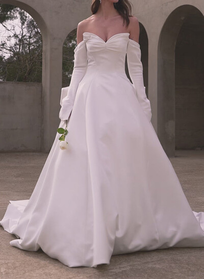 Ball-Gown Sweetheart Long Sleeves Cathedral Satin Wedding Dresses With Bow(s)
