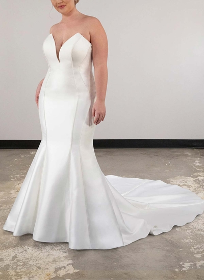 Trumpet/Mermaid Strapless Sleeveless Cathedral Satin Wedding Dresses With Beading