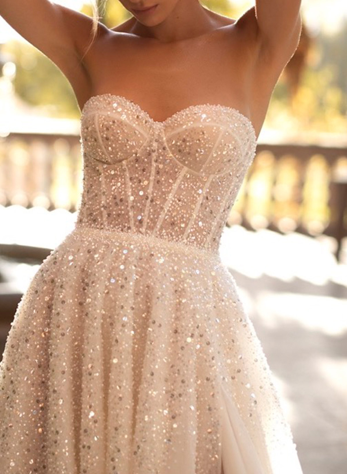 A-Line Sweetheart Detachable Sleeves Sweep Train Satin/Tulle Wedding Dresses With High Split