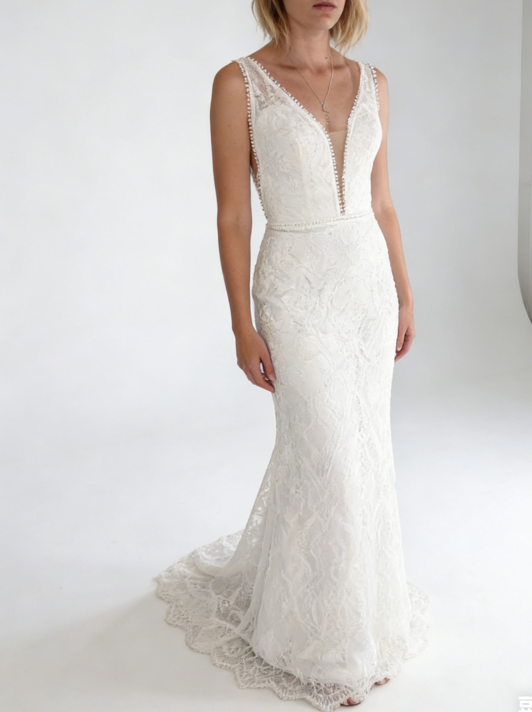 Jumpsuit/Pantsuit Plunge Neck Sleeveless Sweep Train Lace/Elastic Satin Wedding Dresses