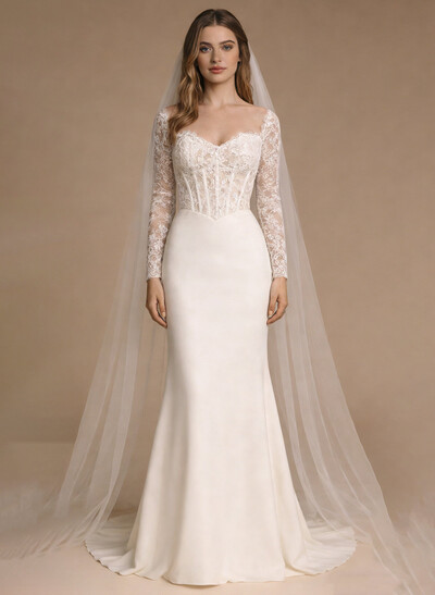 Trumpet/Mermaid Sweetheart Long Sleeves Sweep Train Lace/Elastic Satin Wedding Dresses