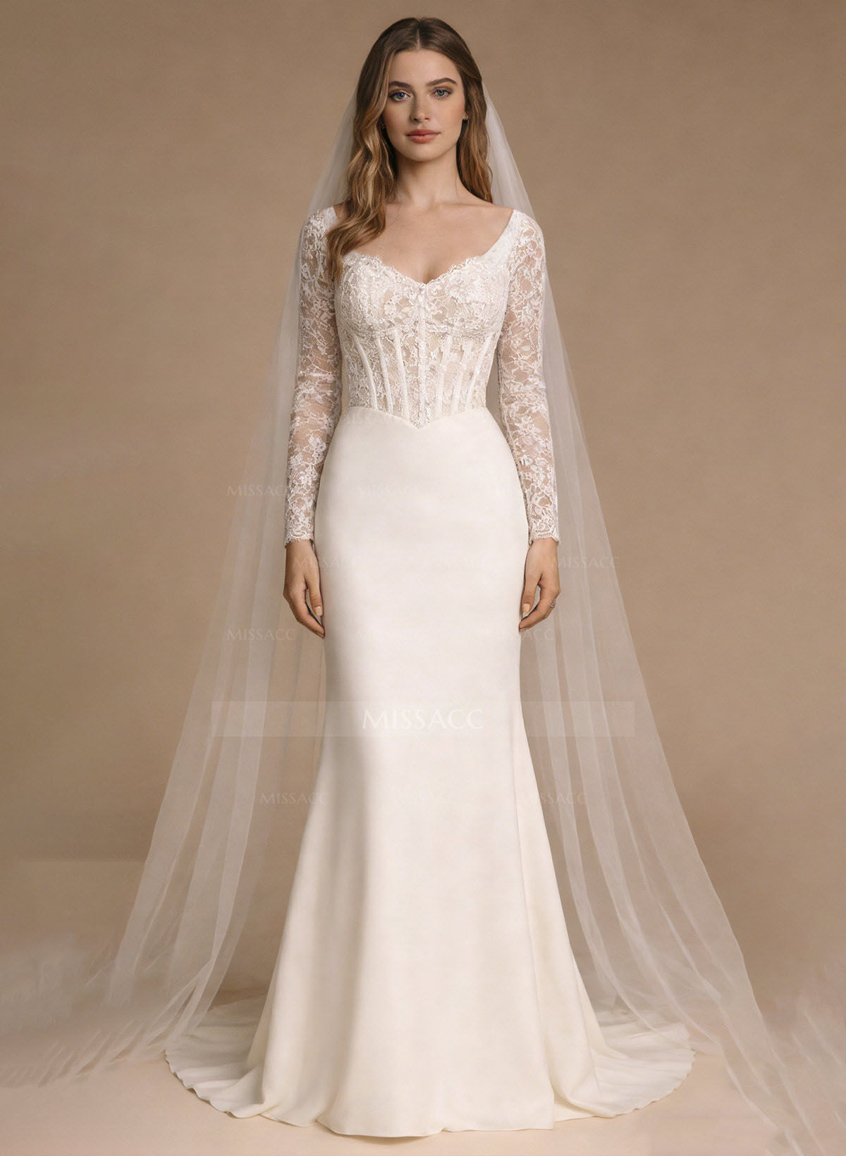 Trumpet/Mermaid Sweetheart Long Sleeves Sweep Train Lace/Elastic Satin Wedding Dresses