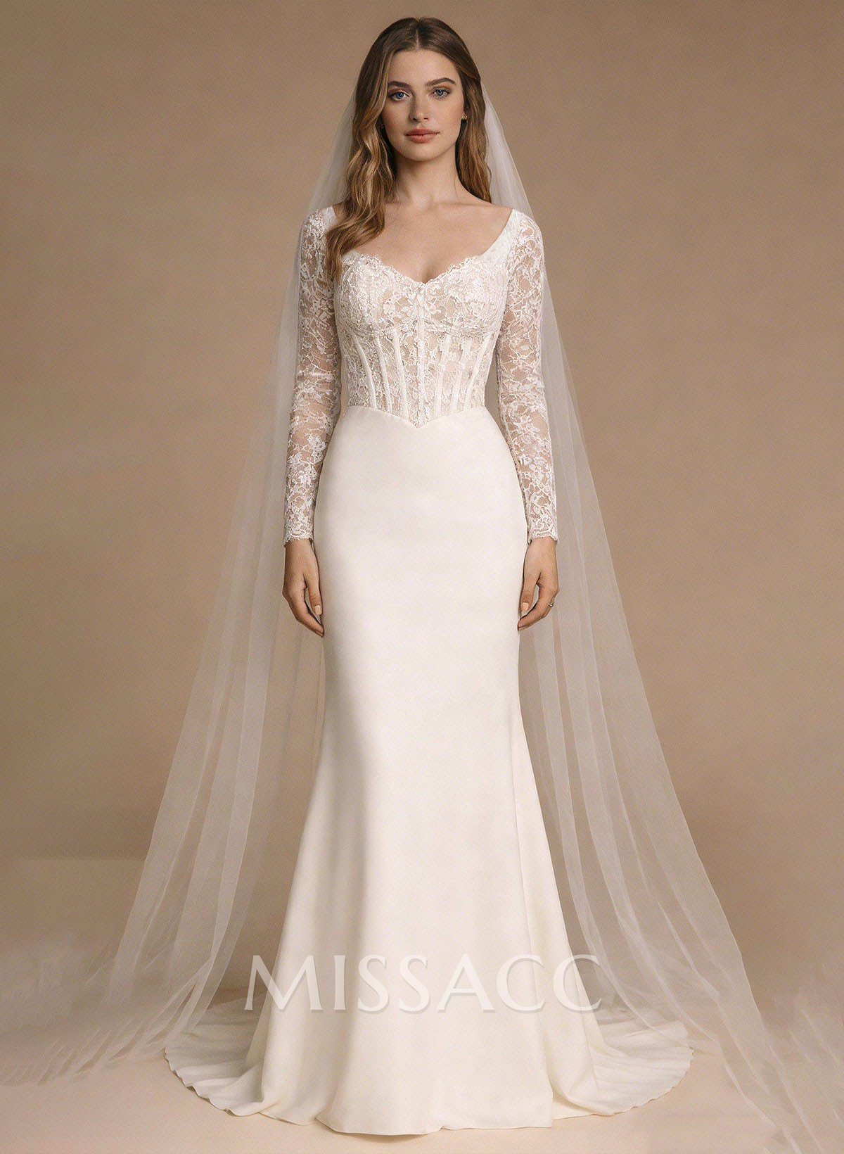 Trumpet/Mermaid Sweetheart Long Sleeves Sweep Train Lace/Elastic Satin Wedding Dresses Trumpet/Mermaid Sweetheart Long Sleeves Sweep Train Lace/Elastic Satin Wedding Dresses