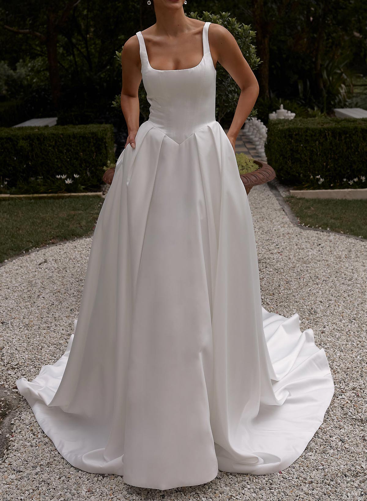 A-Line Square Neckline Sleeveless Court Train Satin BRIDE With Pleated