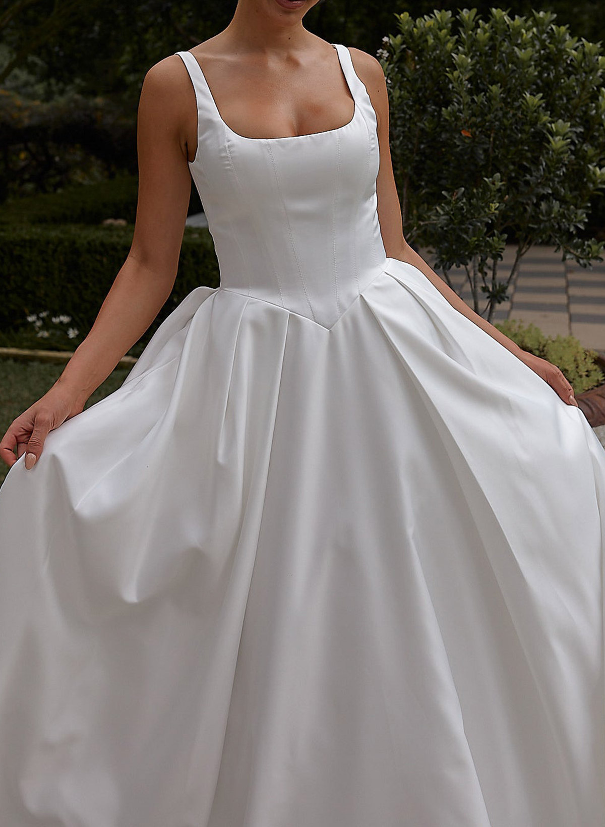 A-Line Square Neckline Sleeveless Court Train Satin BRIDE With Pleated