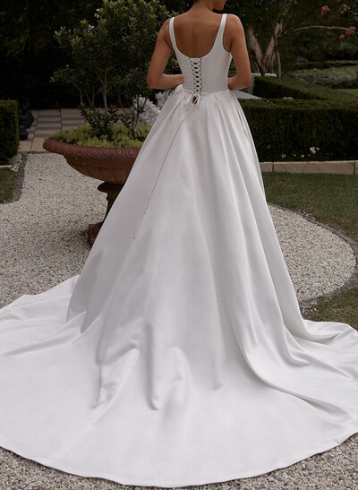 A-Line Square Neckline Sleeveless Court Train Satin BRIDE With Pleated