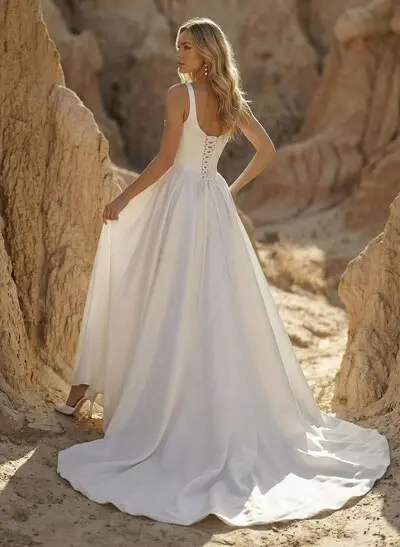 A-Line Square Neckline Sleeveless Court Train Satin Wedding Dresses With Pleated