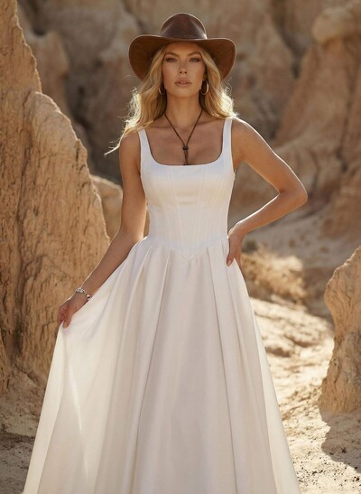 A-Line Square Neckline Sleeveless Court Train Satin Wedding Dresses With Pleated
