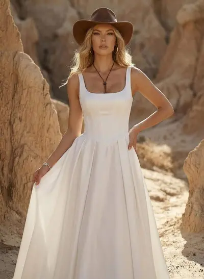 A-Line Square Neckline Sleeveless Court Train Satin Wedding Dresses With Pleated