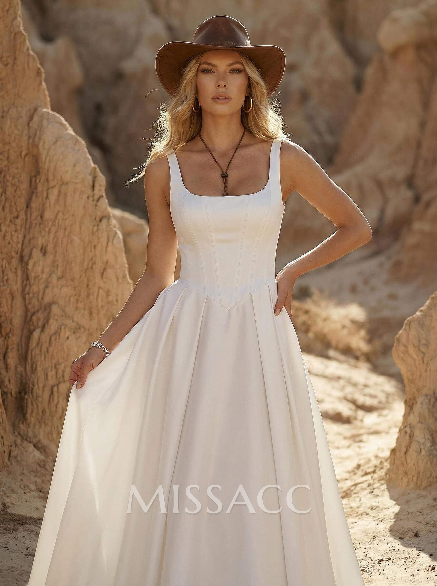 A-Line Square Neckline Sleeveless Court Train Satin Wedding Dresses With Pleated A-Line Square Neckline Sleeveless Court Train Satin Wedding Dresses With Pleated