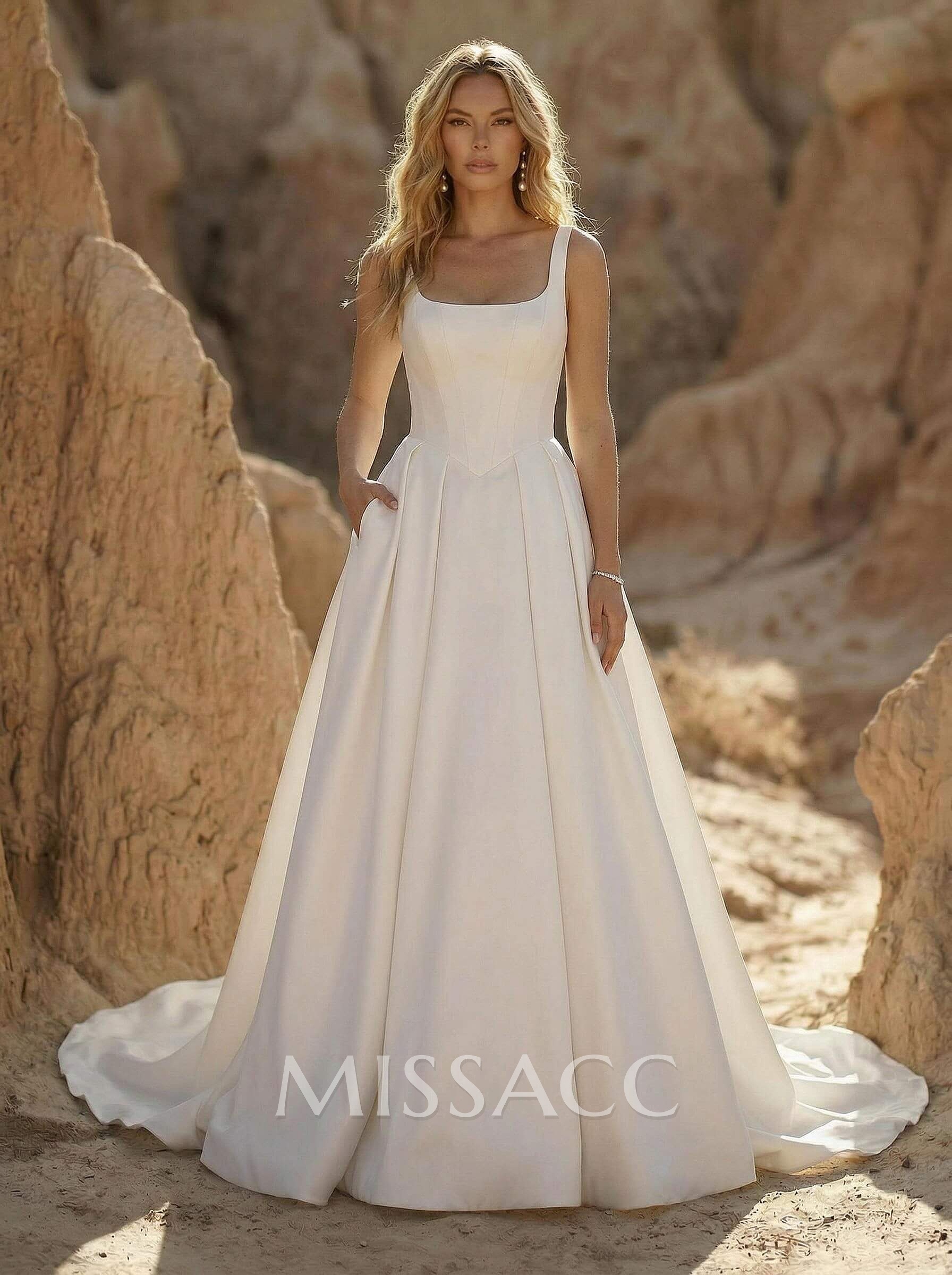 A-Line Square Neckline Sleeveless Court Train Satin Wedding Dresses With Pleated A-Line Square Neckline Sleeveless Court Train Satin Wedding Dresses With Pleated