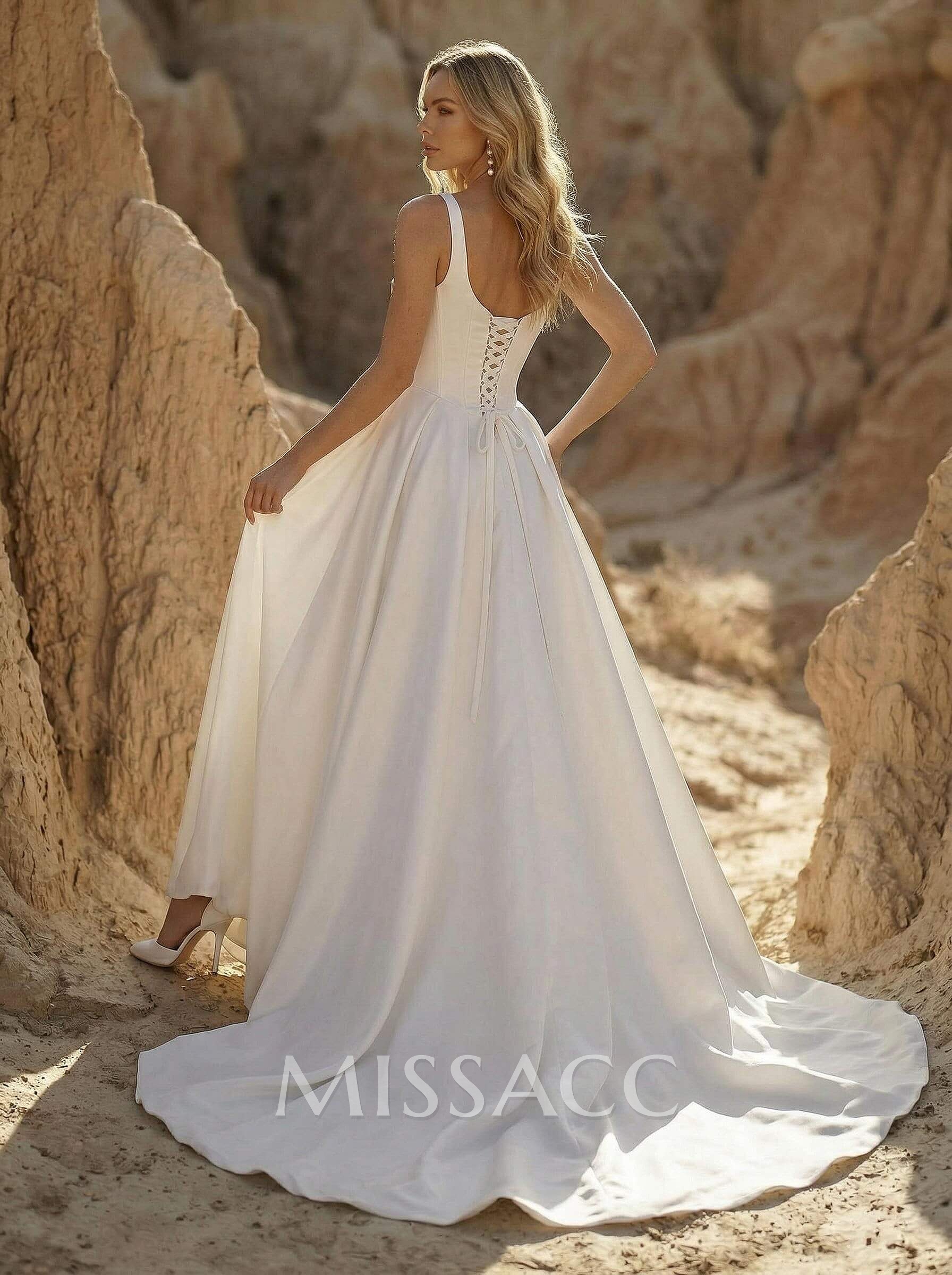 A-Line Square Neckline Sleeveless Court Train Satin Wedding Dresses With Pleated A-Line Square Neckline Sleeveless Court Train Satin Wedding Dresses With Pleated