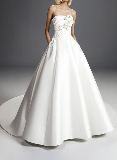 A-Line Square Neckline Sleeveless Chapel Train Twill Satin Wedding Dresses With Bow(s)/Flower(s)