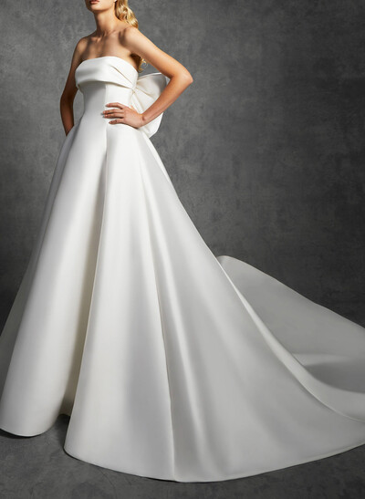 A-Line Strapless Sleeveless Cathedral Twill Satin Wedding Dresses With Bow(s)