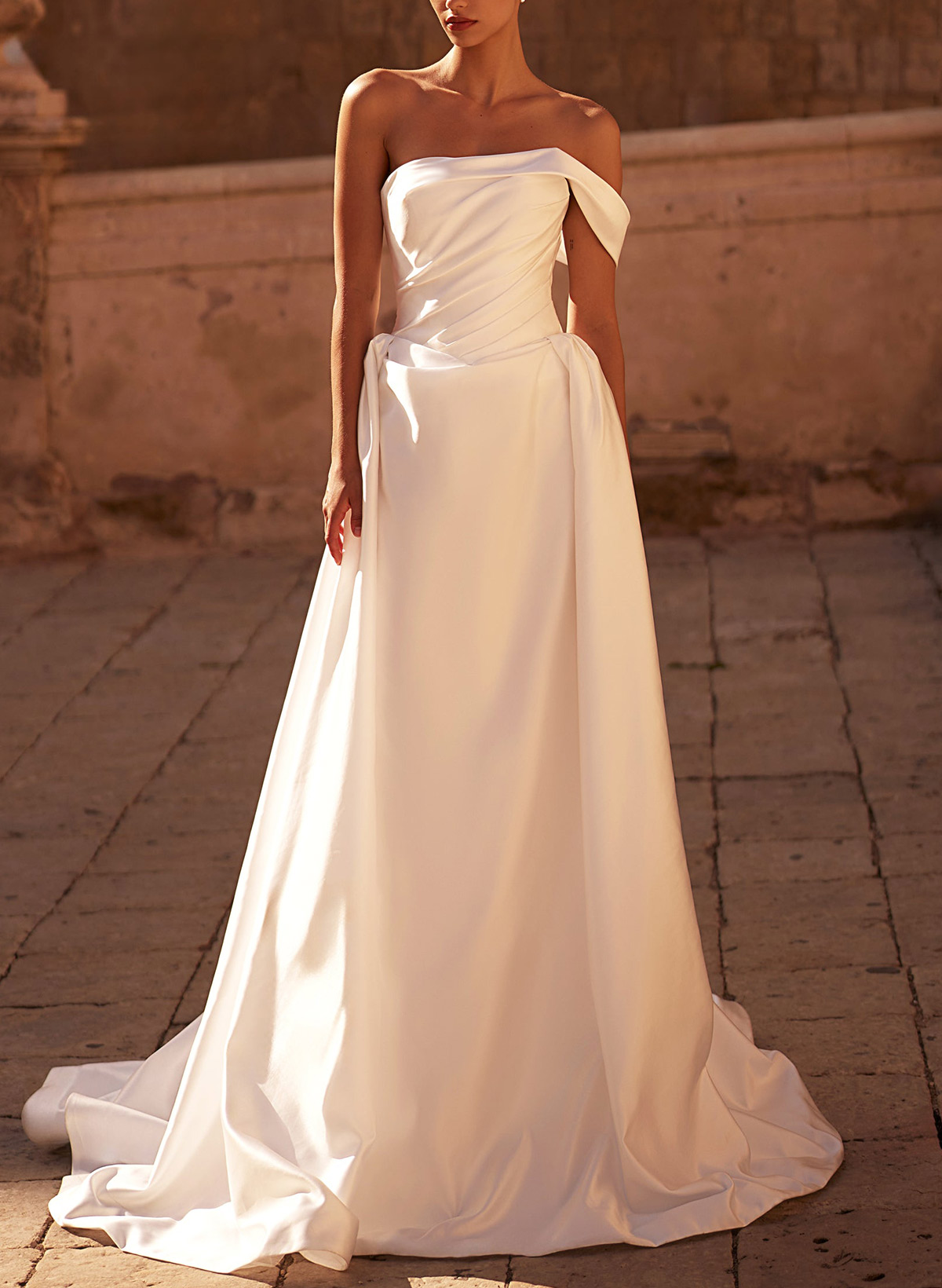 A-Line One-Shoulder Sleeveless Court Train Matte Satin Wedding Dresses With Pleated