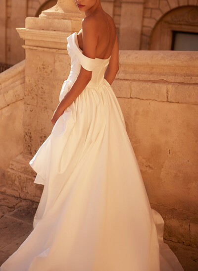 A-Line One-Shoulder Sleeveless Court Train Matte Satin Wedding Dresses With Pleated