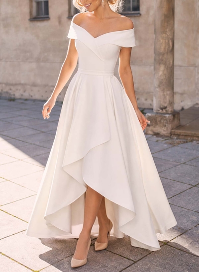 A-Line Off-The-Shoulder Asymmetrical Elastic Satin Wedding Dresses