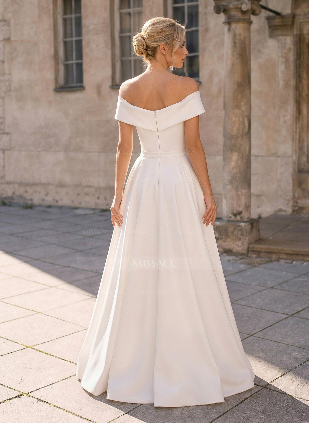 A-Line Off-The-Shoulder Asymmetrical Elastic Satin Wedding Dresses