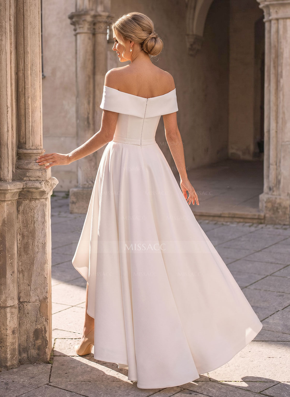 A-Line Off-The-Shoulder Asymmetrical Elastic Satin Wedding Dresses