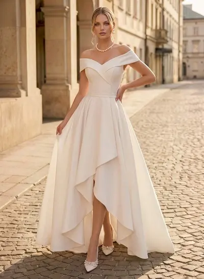 A-Line Off-The-Shoulder Asymmetrical Elastic Satin Wedding Dresses