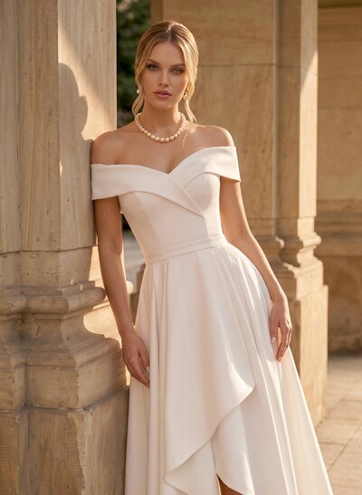 A-Line Off-The-Shoulder Asymmetrical Elastic Satin Wedding Dresses