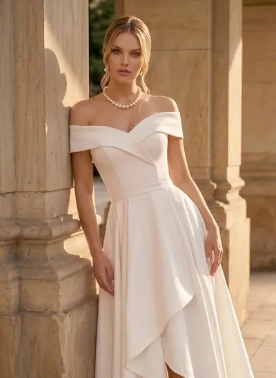 A-Line Off-The-Shoulder Asymmetrical Elastic Satin Wedding Dresses