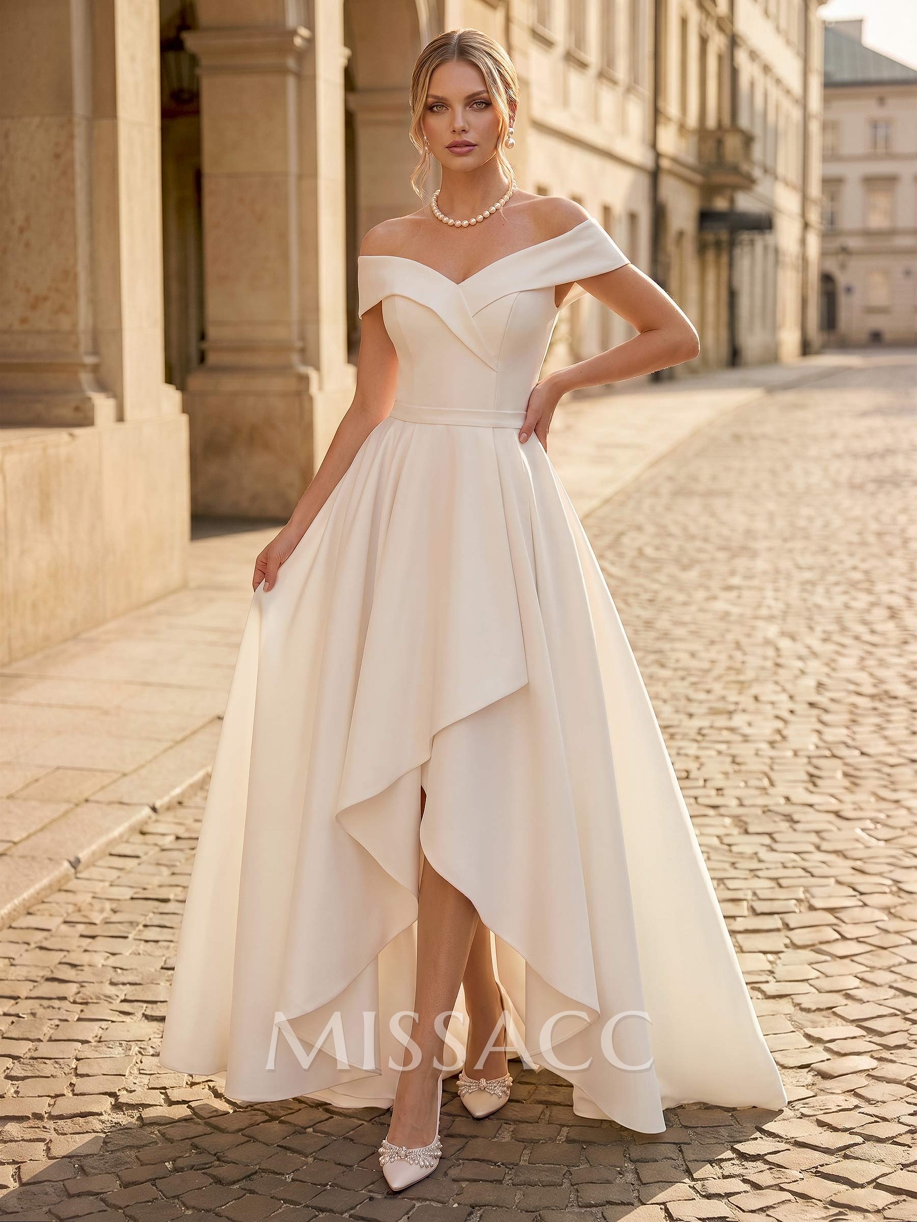 A-Line Off-The-Shoulder Asymmetrical Elastic Satin Wedding Dresses A-Line Off-The-Shoulder Asymmetrical Elastic Satin Wedding Dresses