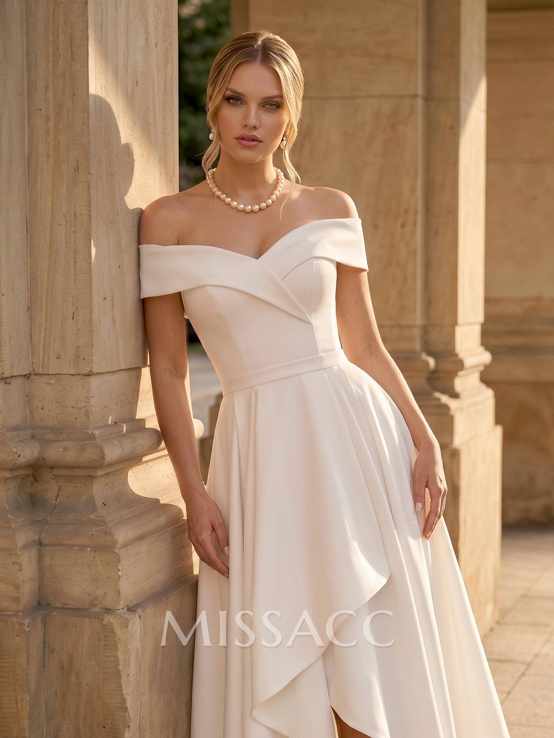 A-Line Off-The-Shoulder Asymmetrical Elastic Satin Wedding Dresses A-Line Off-The-Shoulder Asymmetrical Elastic Satin Wedding Dresses