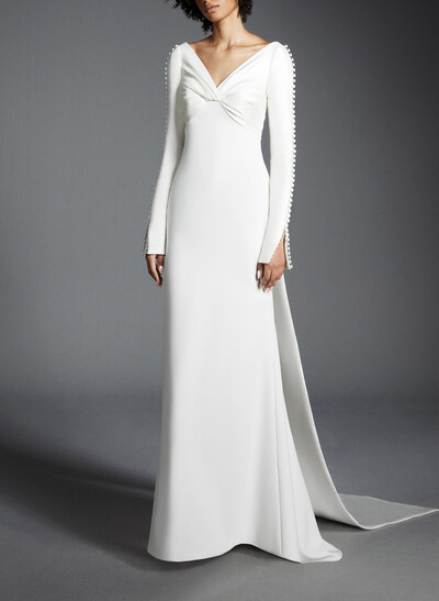 Trumpet/Mermaid V-Neck Long Sleeves Sweep Train Elastic Satin Wedding Dresses
